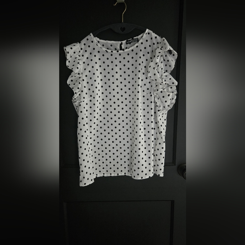 SHEIN Black and White Polka Dot Ruffle Blouse